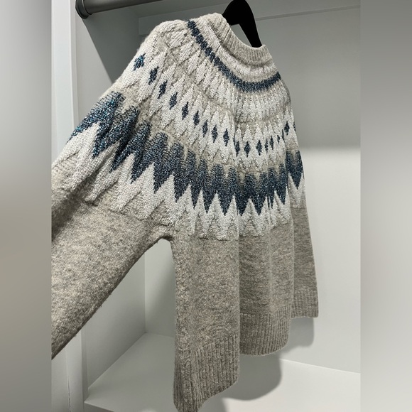 MANGO MNG Casual Cozy Gray and Blue Fair Isle Knit Sweater metallic size XS - Picture 5 of 7
